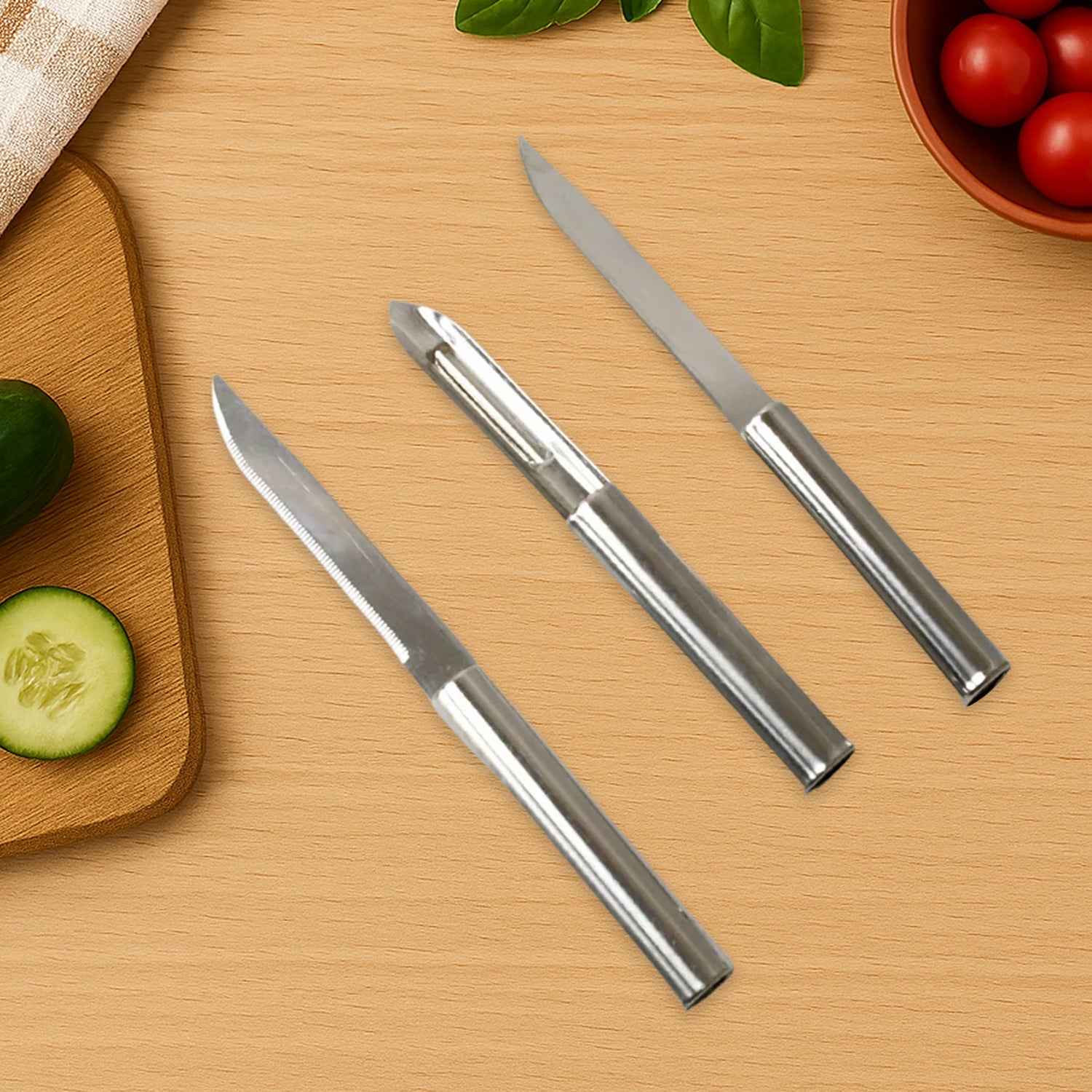 Stainless Steel Multipurpose Sharp Cutting Knife with Non-Slip Handle for Fruit, Meat and Vegetable Chopping (Pack Of 3) Stainless Steel Multipurpose Sharp Cutting Knife with Non-Slip Handle for Fruit, Meat and Vegetable Chopping (Pack Of 3)